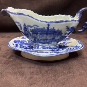 Vtg  Flow Blue Victoria Ironstone Under Plate & Gravy Boat